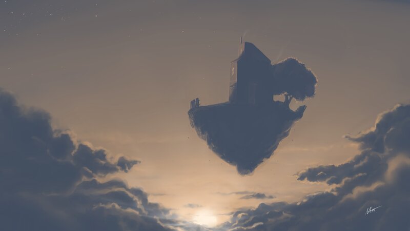 Floating Island with House — Gray