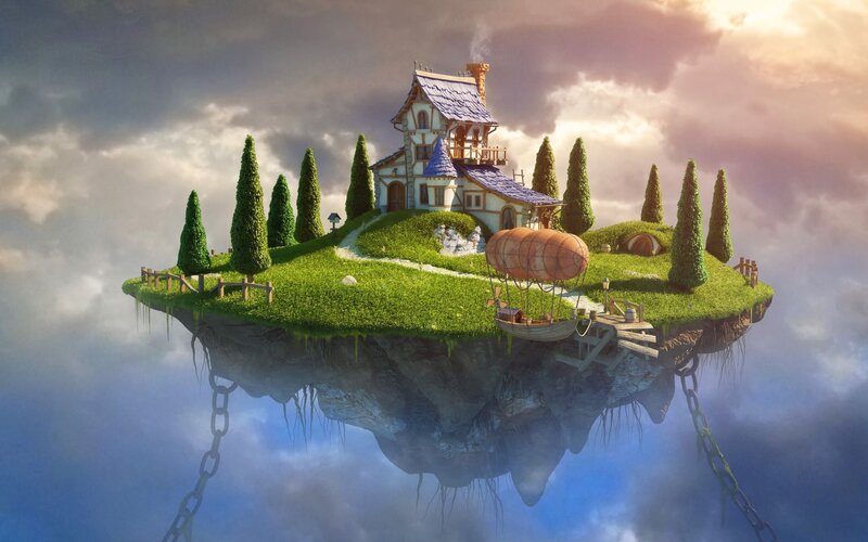 Floating Island with House — Green, Fantastical