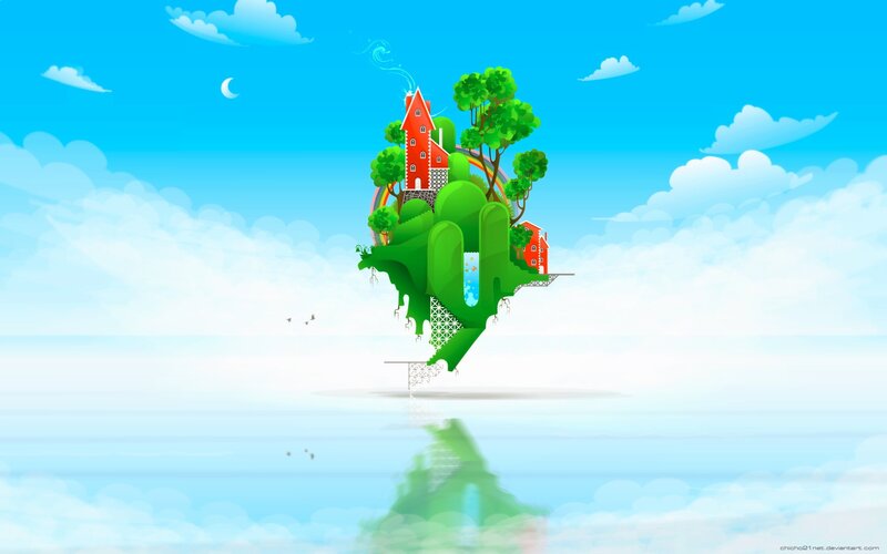 Floating Island with Houses — Blue, Serene