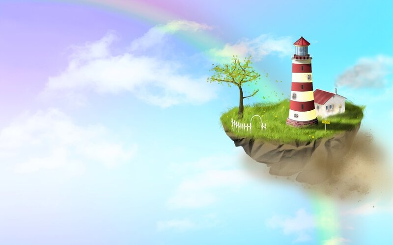 Floating Island with Lighthouse — Blue, Serene, Morning
