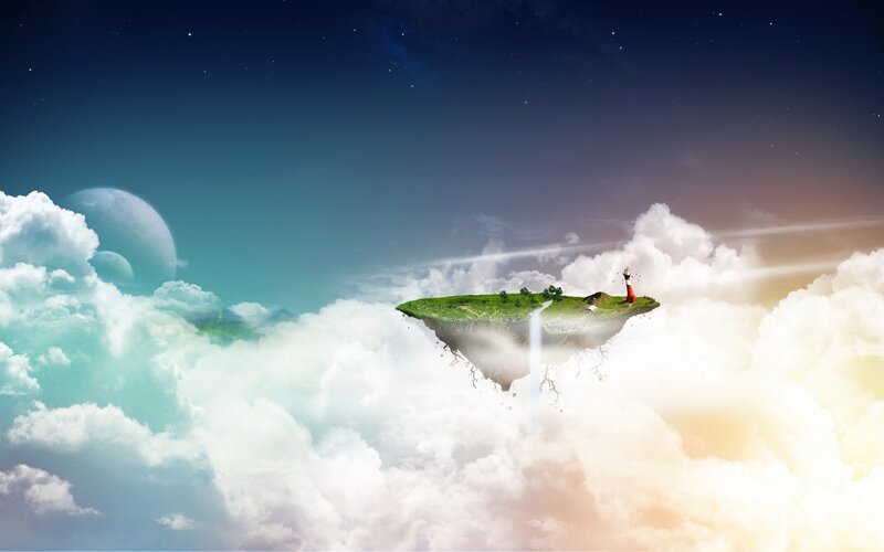 Floating Island with Lighthouse — Blue, Serene, Night