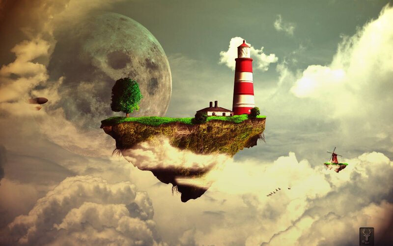 Floating Island with Lighthouse — Green, Dreamy