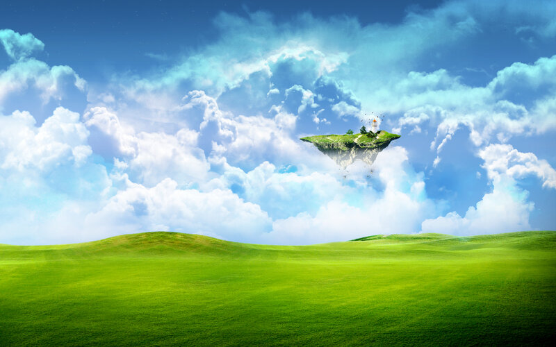 Floating Island with Lighthouse — Green, Serene, Afternoon, Digital Art