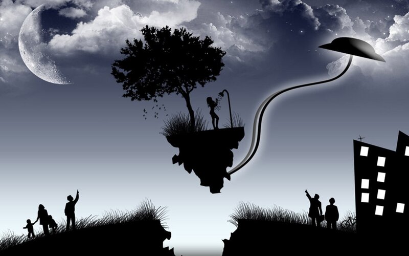Floating island with moon and people