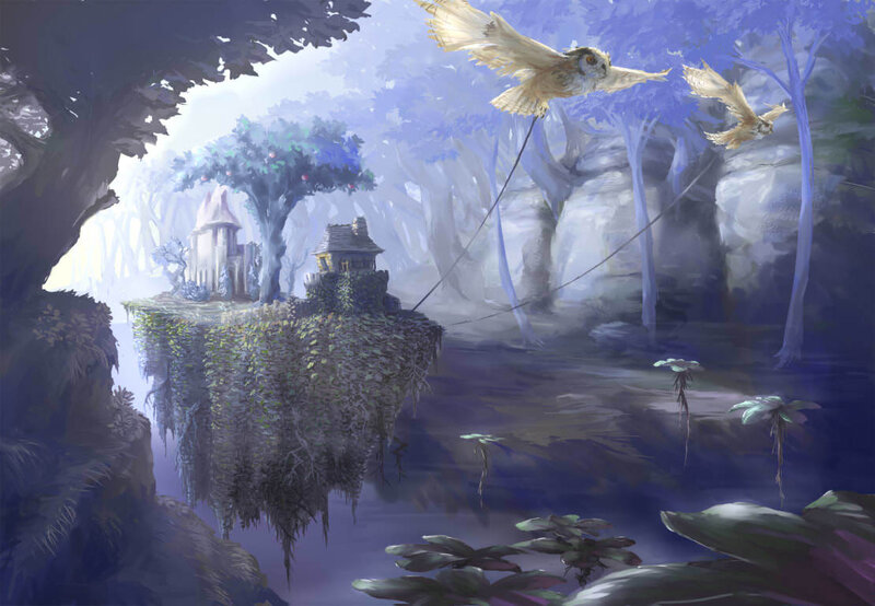 Floating island with owl flight