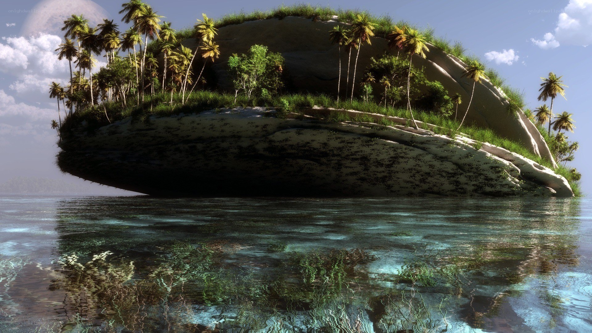 floating island with palm trees