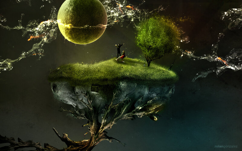 Floating Island with People — Green, Dramatic, Night, Digital Art