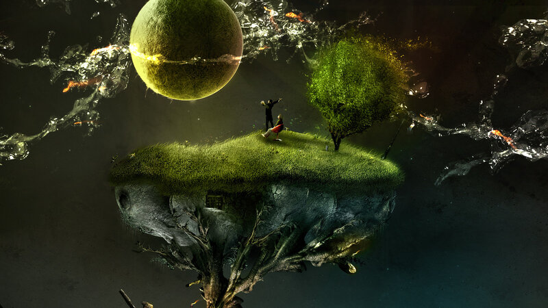 Floating Island with People — Green, Dramatic, Night