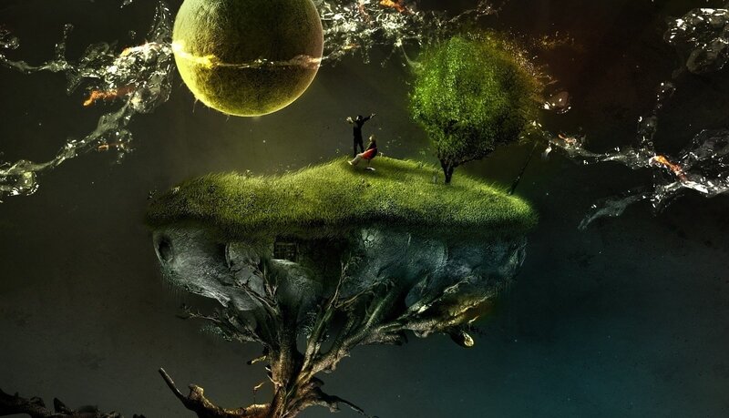 Floating Island with People — Green, Dramatic