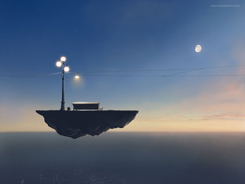 Floating island with streetlamp