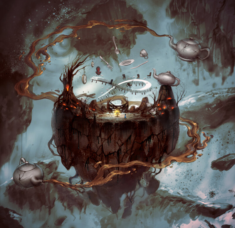 Floating island with tea party chaos
