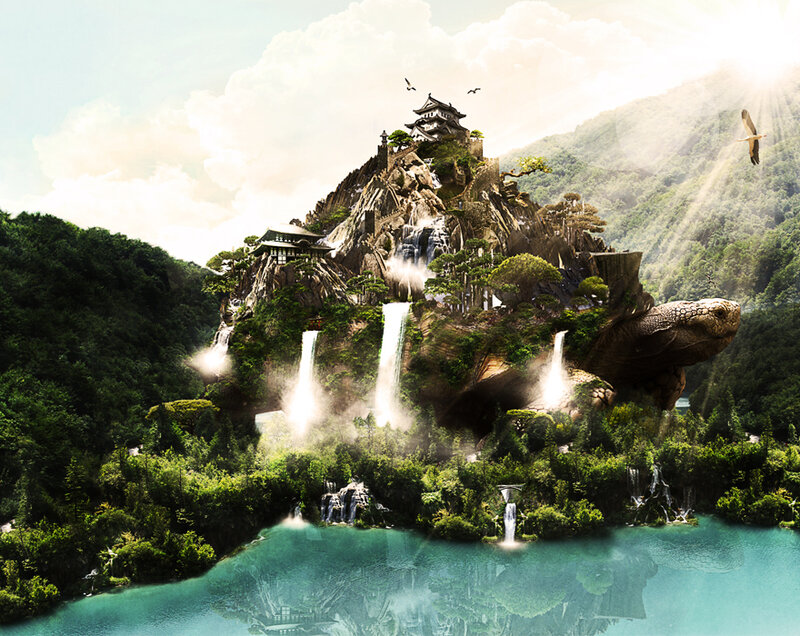 Floating island with temple and turtle