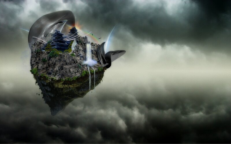 Floating Island with Temple — Gray, Dramatic, Digital Art, Waterfall