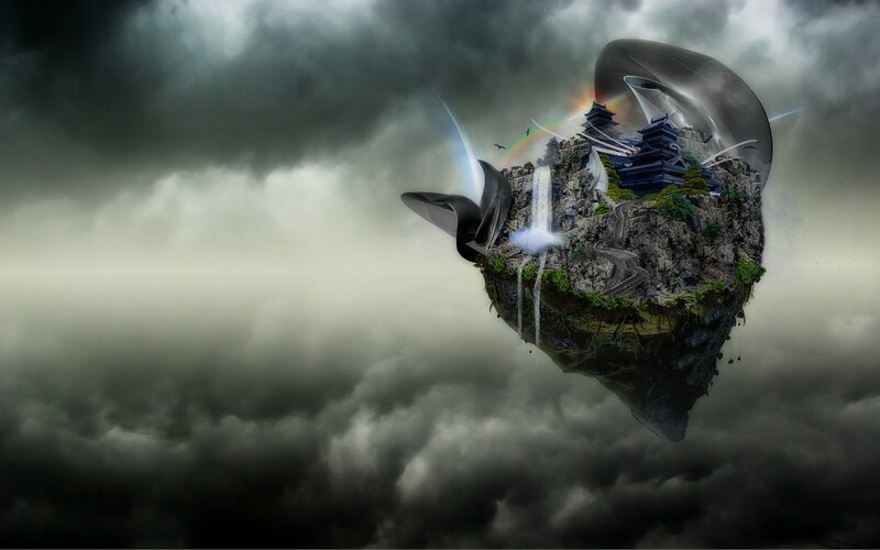 Floating Island with Temple — Gray, Dramatic