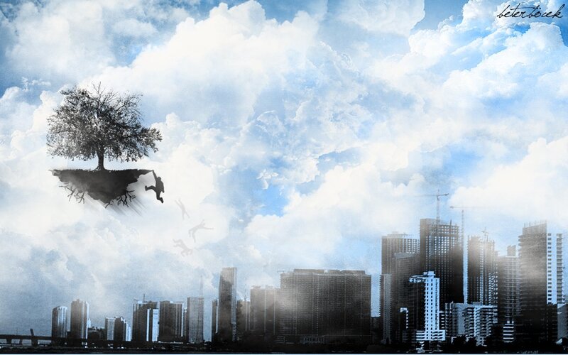 floating island with tree and city