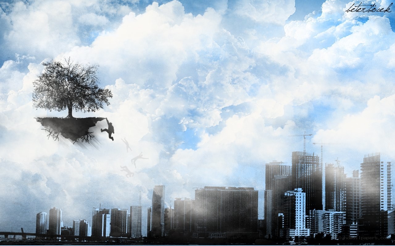 floating island with tree and city