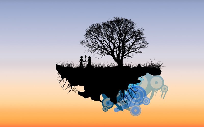 floating island with tree and couple