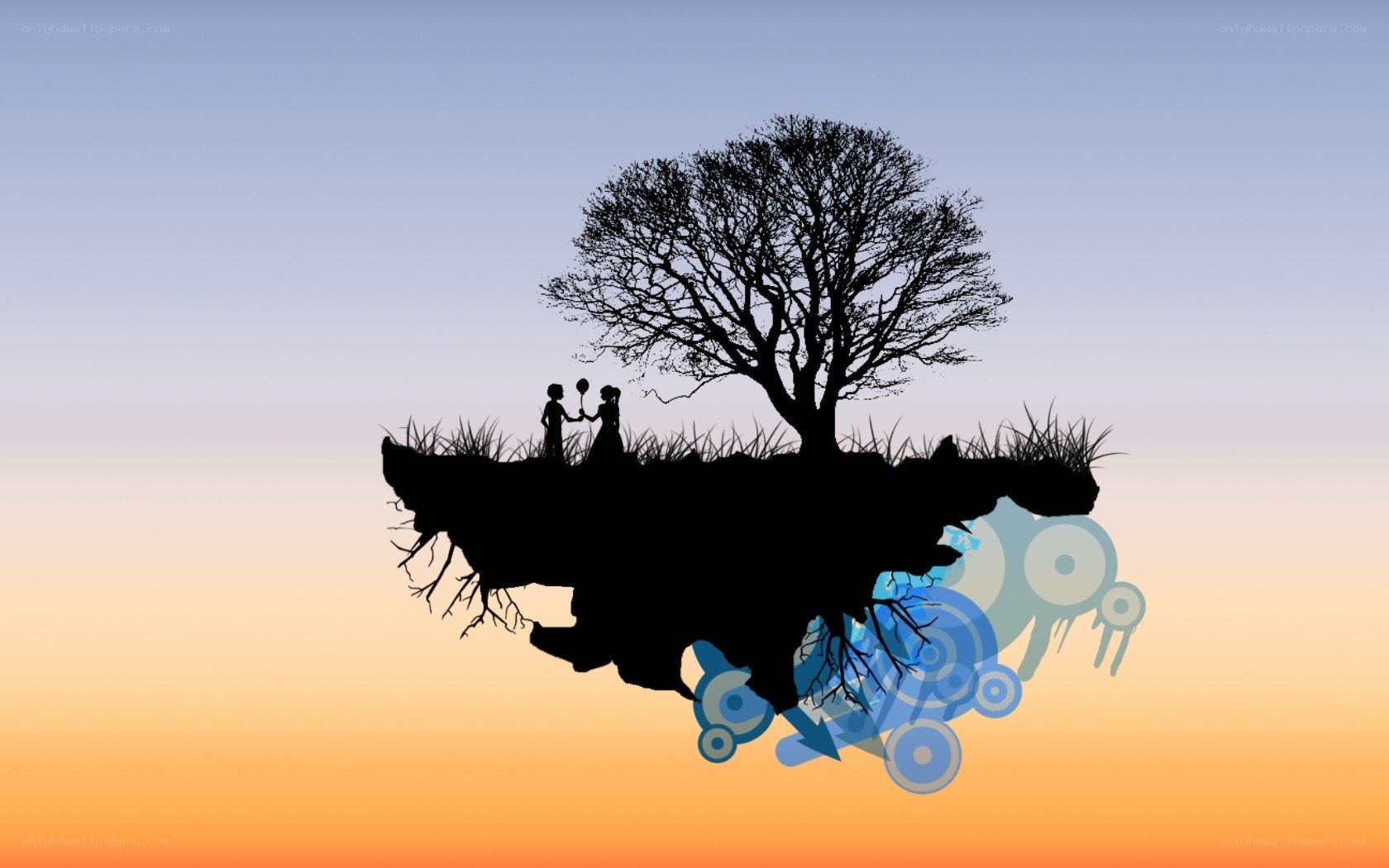 floating island with tree and couple