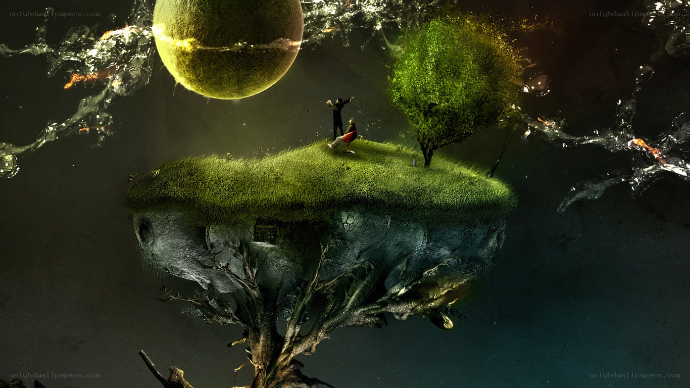 floating island with tree and moon