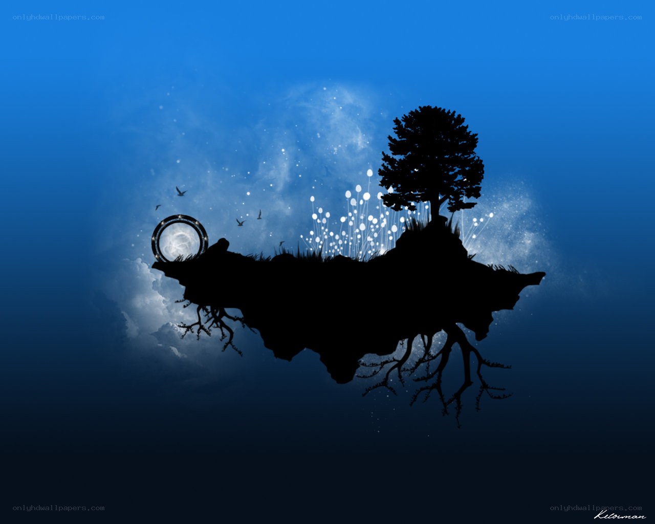 floating island with tree and moon