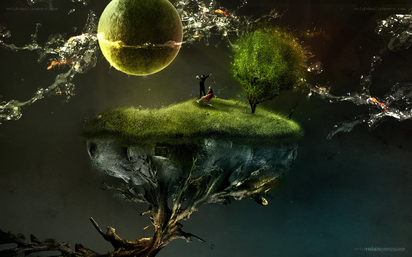 floating island with tree and moon