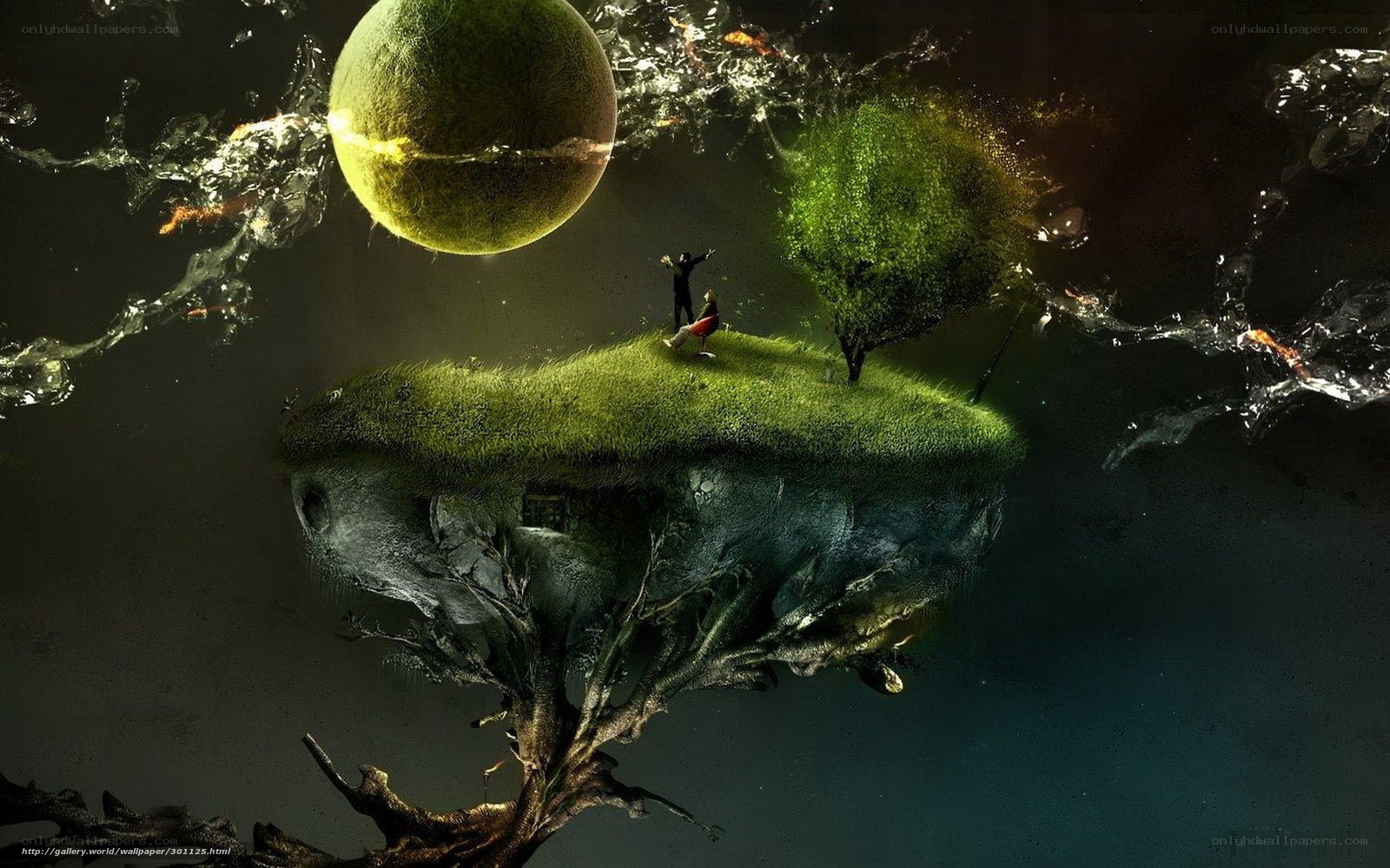 floating island with tree and moon