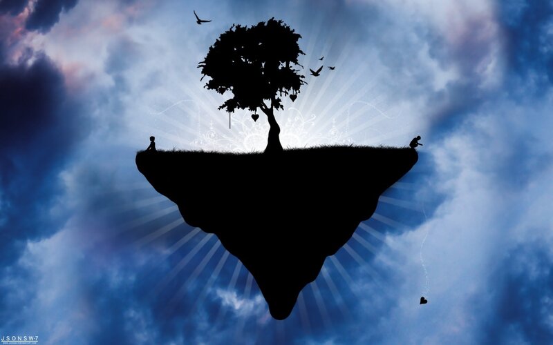 floating island with tree and silhouettes