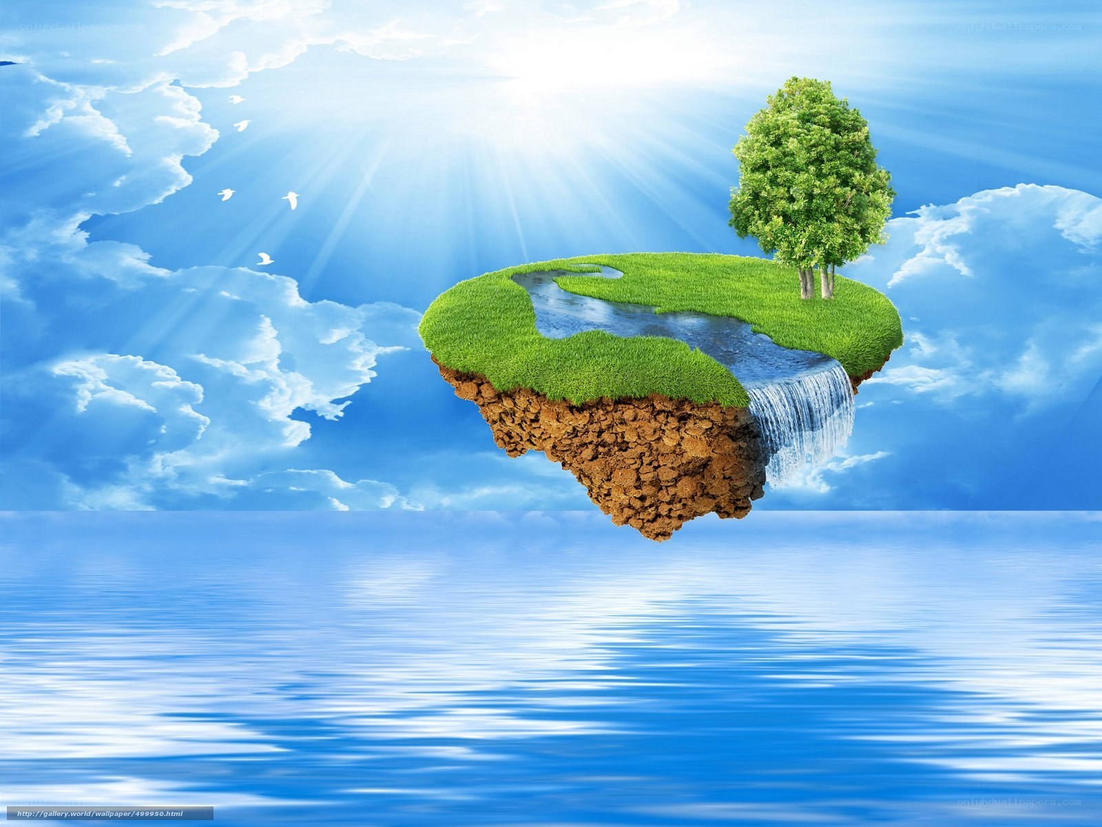 Floating island with tree and waterfall