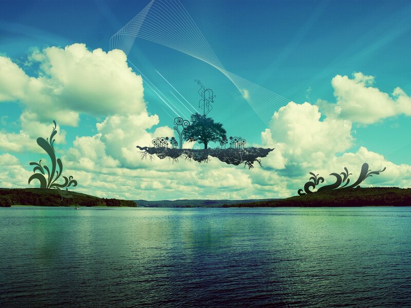 Floating Island with Tree — Blue, Dreamy, Afternoon, Digital Art