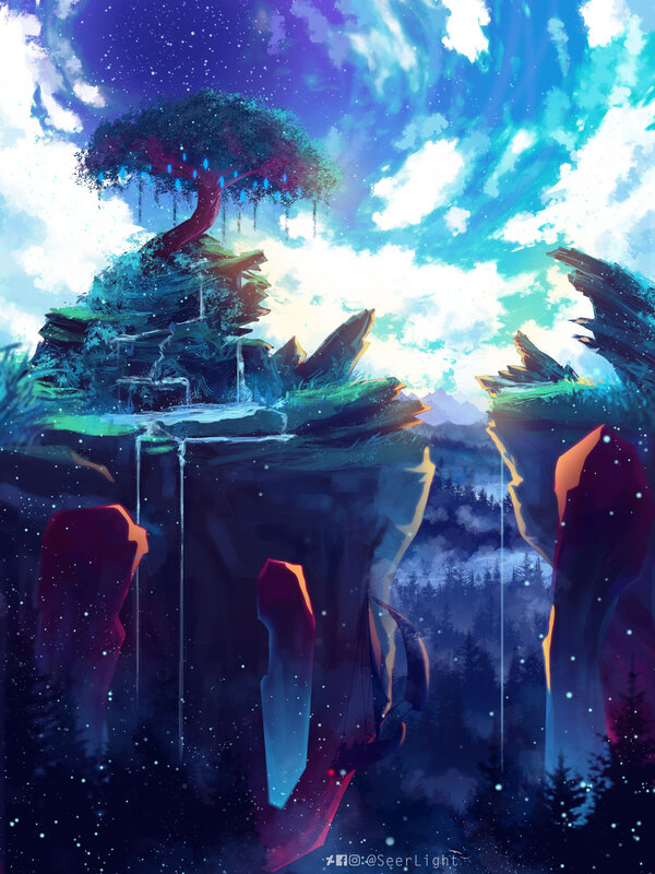Floating Island with Tree — Blue, Dreamy, Night