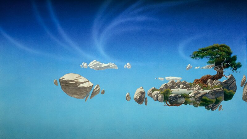 Floating Island with Tree — Blue, Serene, Digital Art, Rocks