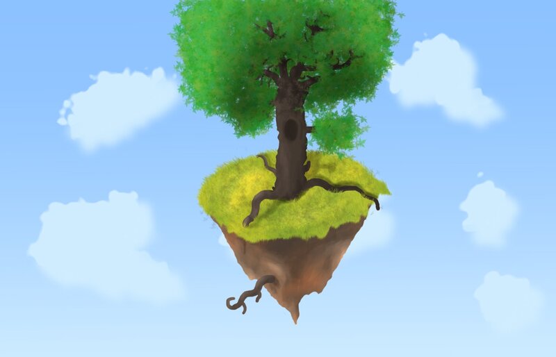 Floating Island with Tree — Blue, Serene, Morning, Digital Art