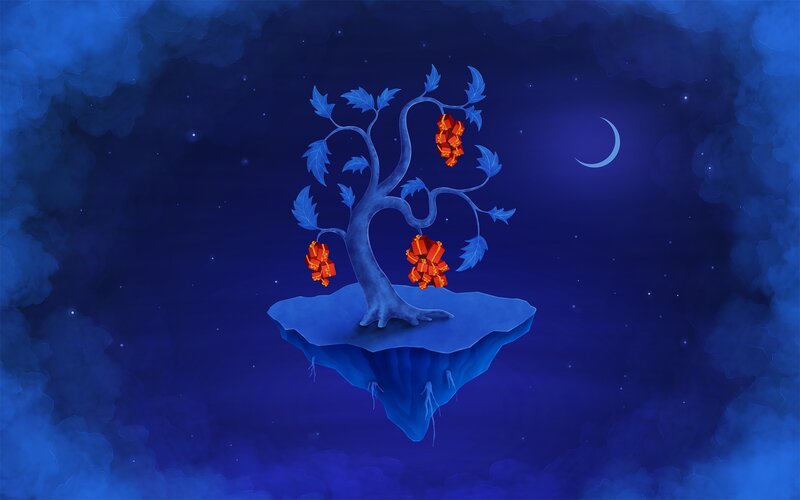 Floating Island with Tree — Blue, Serene, Night