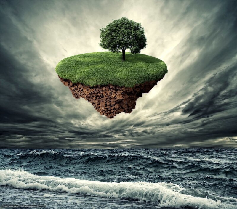 Floating Island with Tree — Green, Dramatic, Digital Art