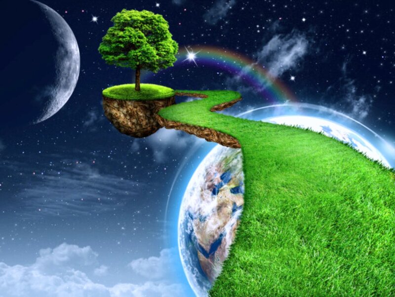 Floating Island with Tree — Green, Serene, Night