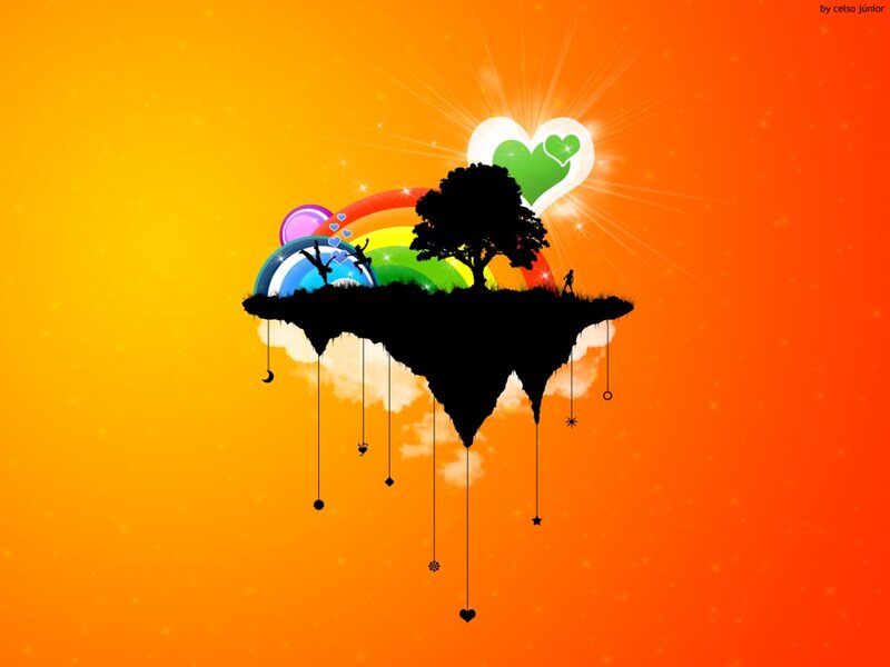 Floating Island with Tree — Orange, Dreamy, Sunset, Digital Art, Rainbow