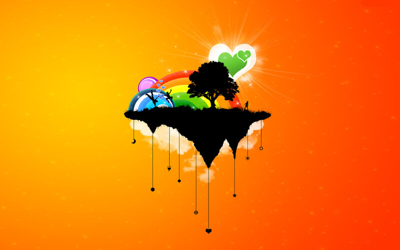 Floating Island with Tree — Orange, Dreamy, Sunset, Digital Art