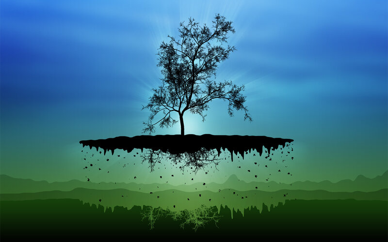 floating island with tree silhouette