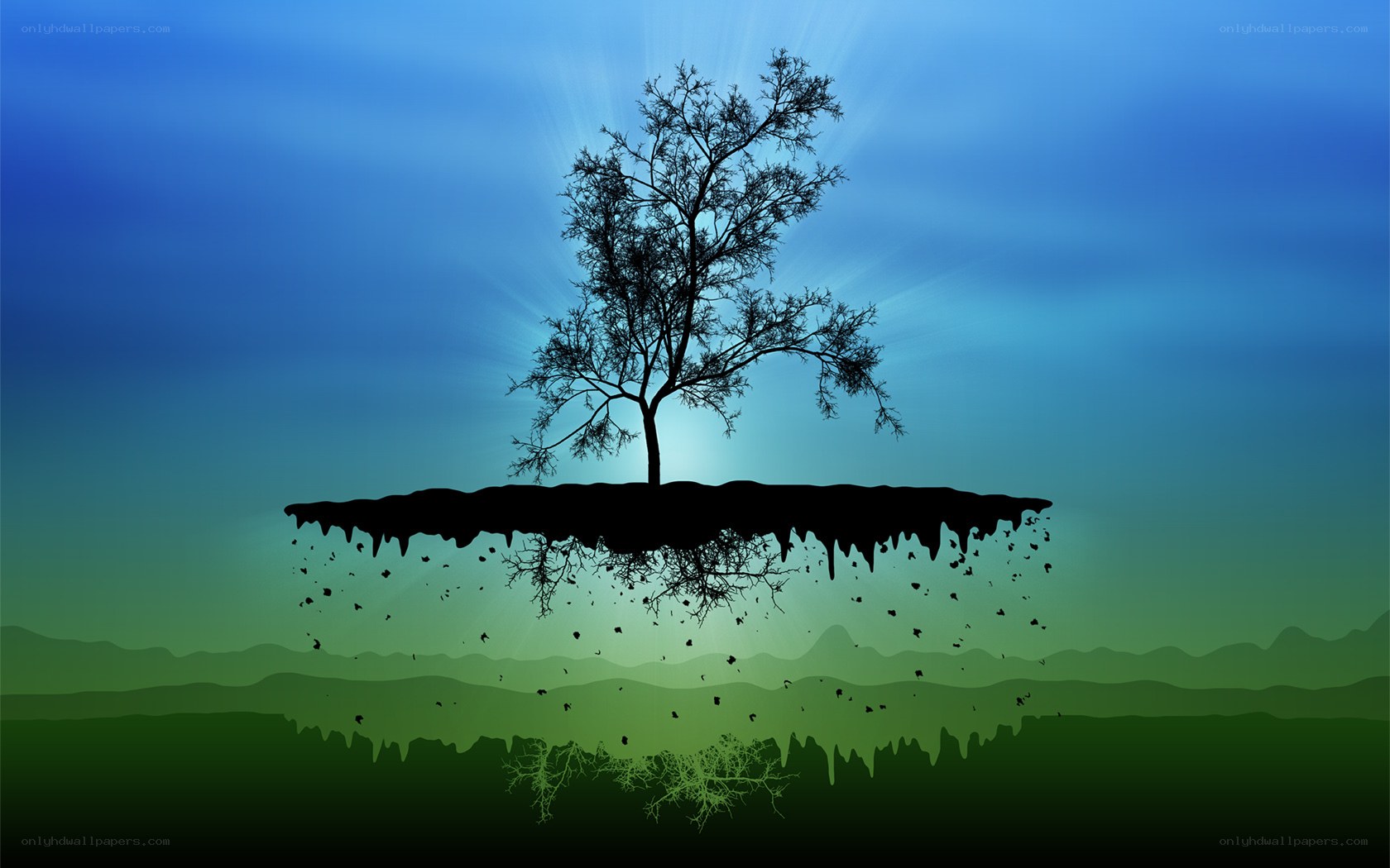 floating island with tree silhouette
