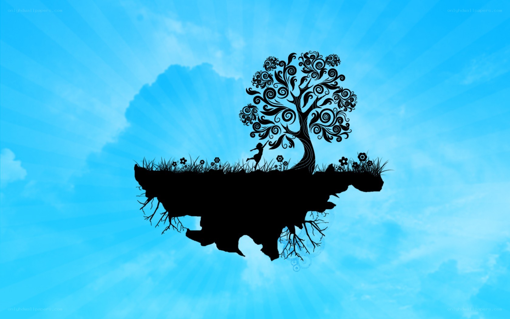 floating island with tree silhouette