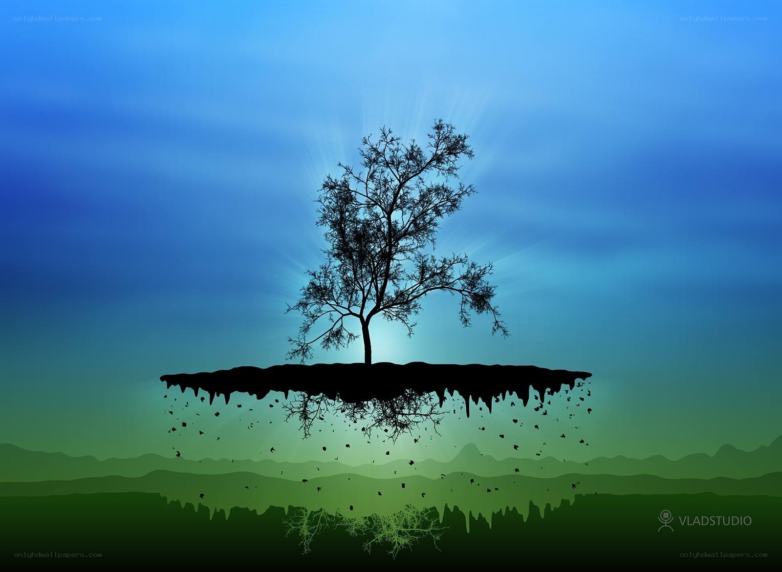 Floating island with tree silhouette