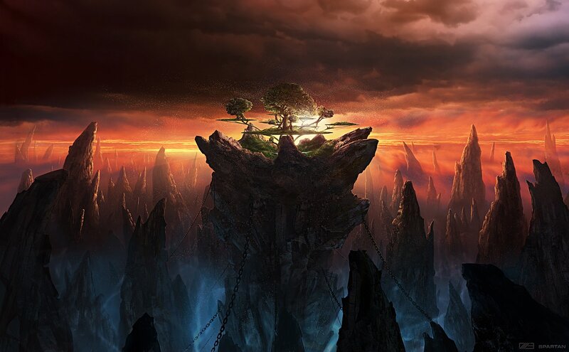 floating island with trees at sunset