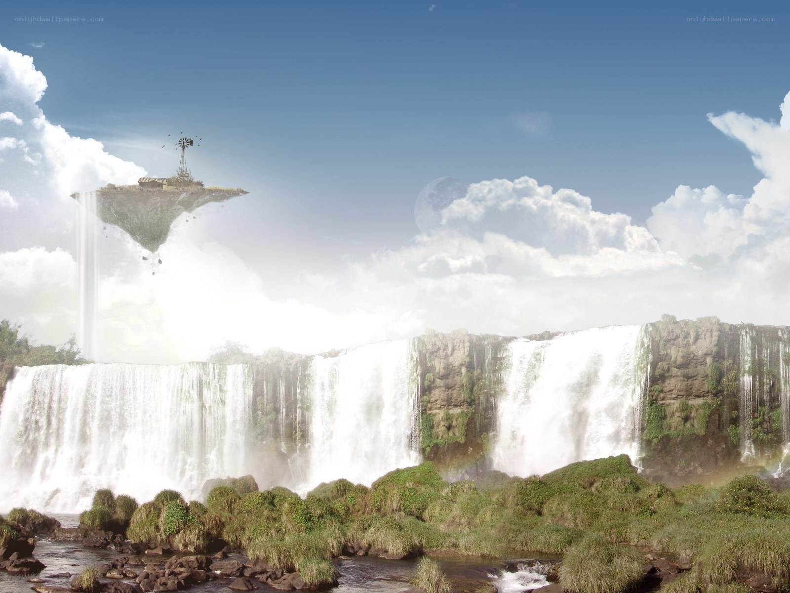 Floating island with waterfall