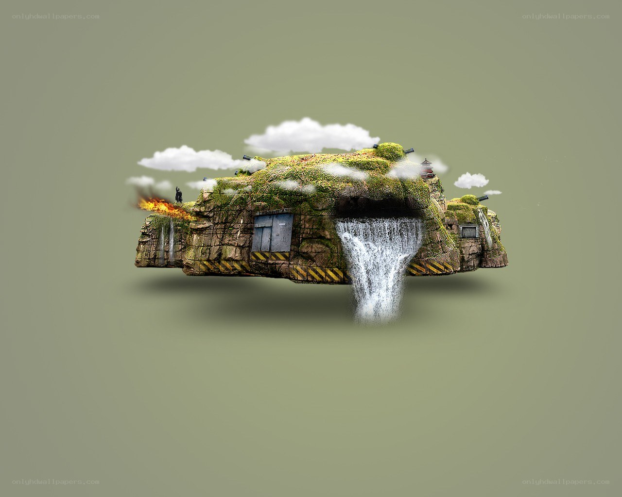 floating island with waterfall