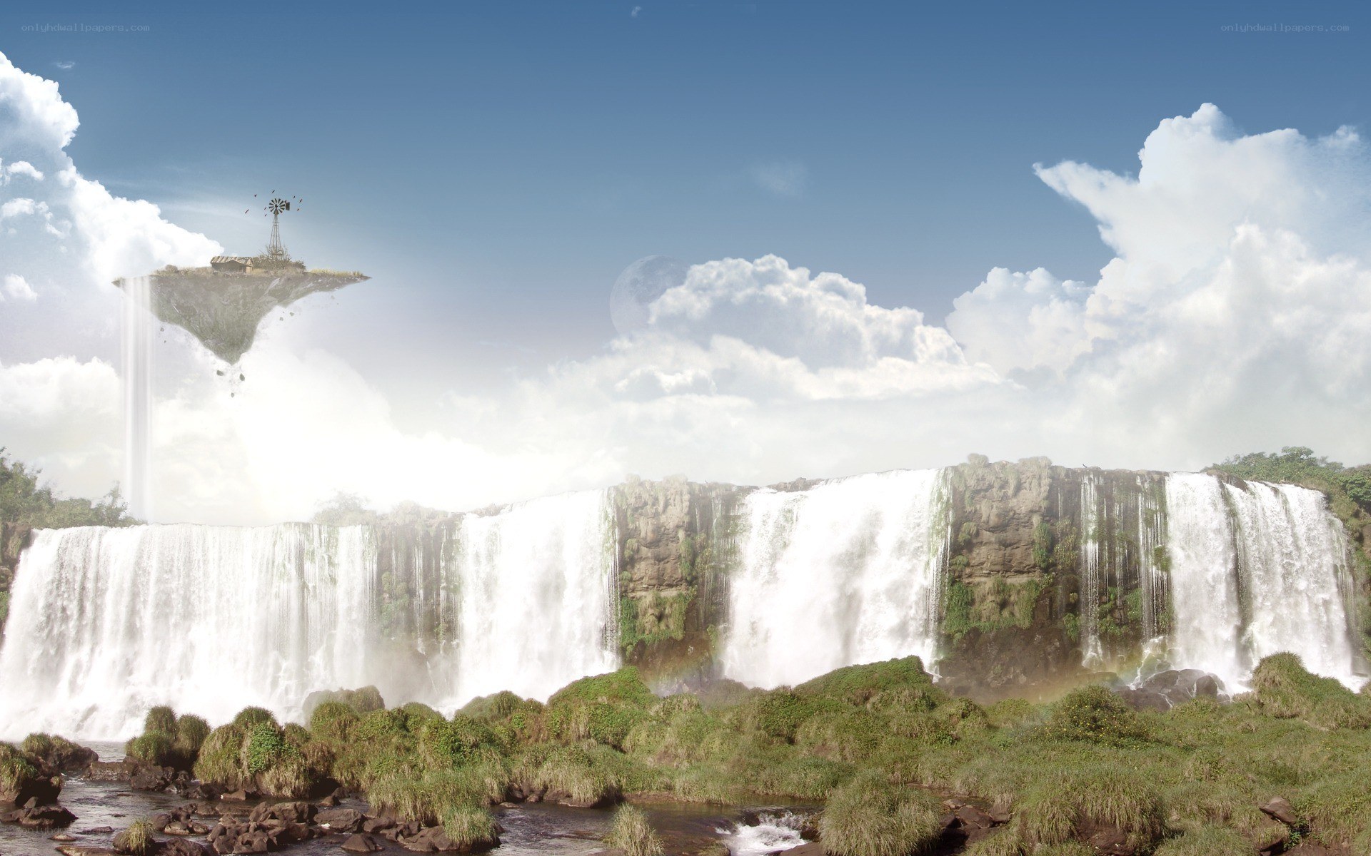 Floating island with waterfall