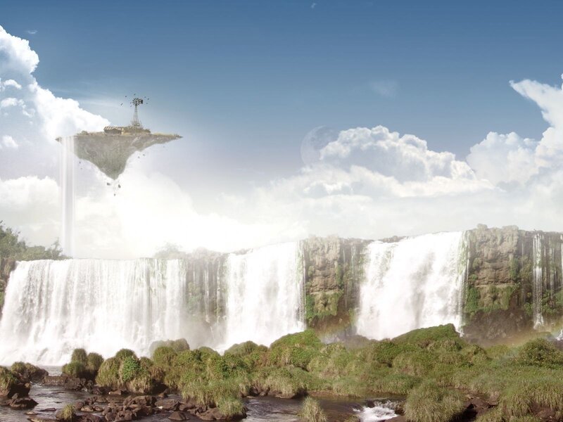 Floating island with waterfall