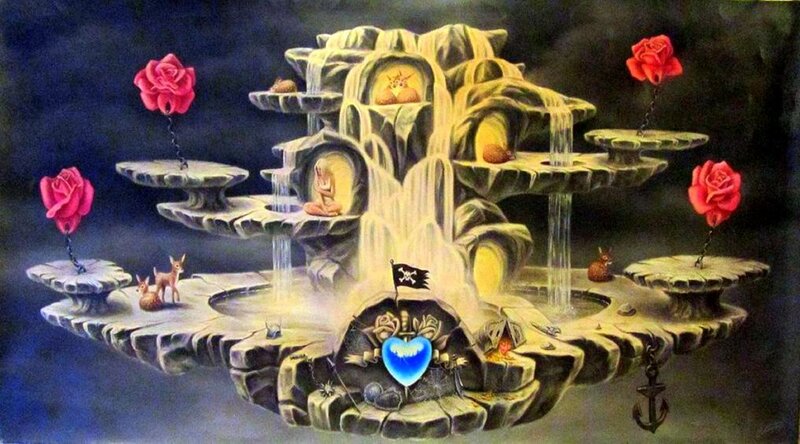Floating Island with Waterfall — Blue, Dreamlike, Night