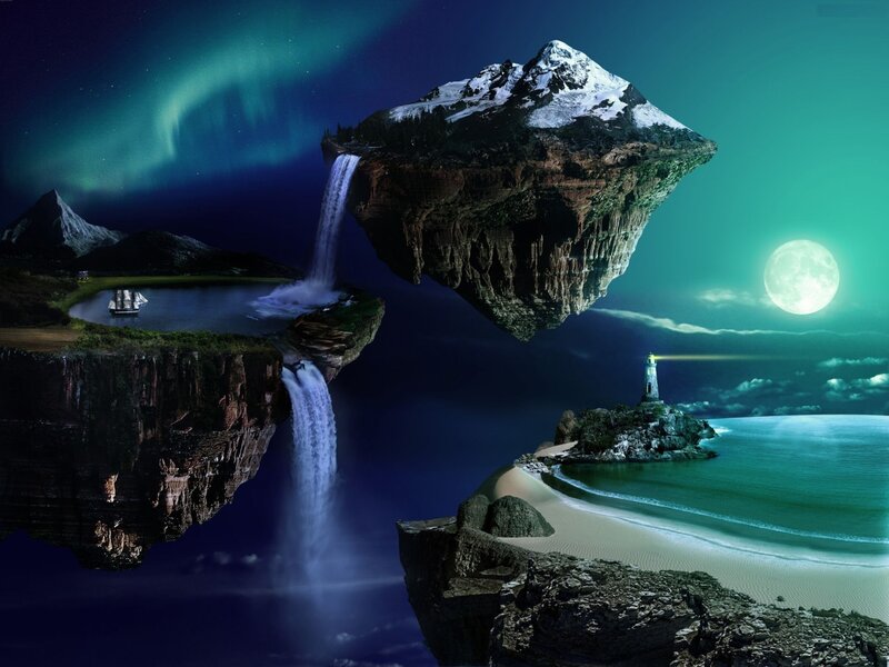 Floating Island with Waterfall — Blue, Dreamlike
