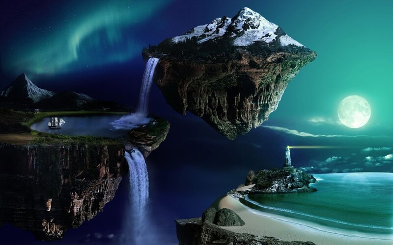 Floating Island with Waterfall — Blue, Dreamy