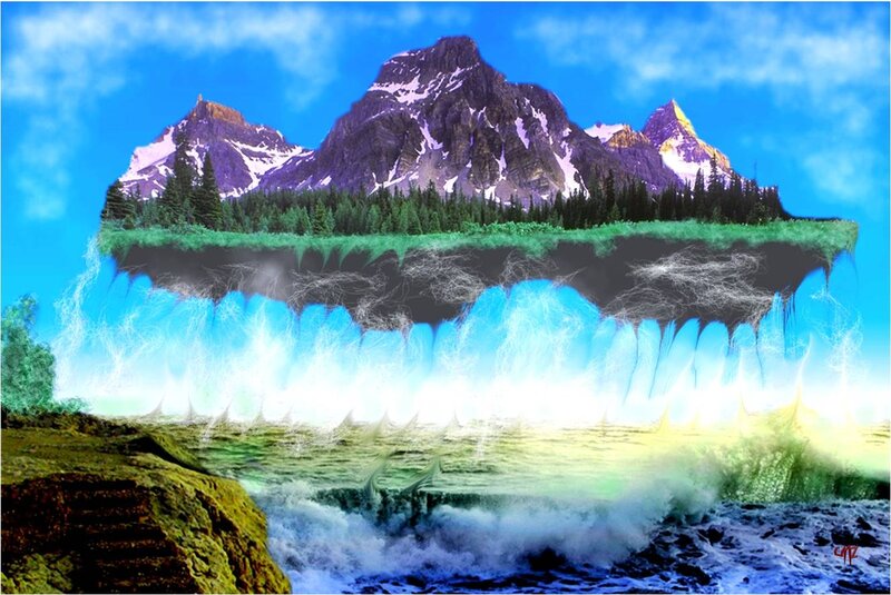 Floating Island with Waterfall — Blue, Fantastical, Digital Art